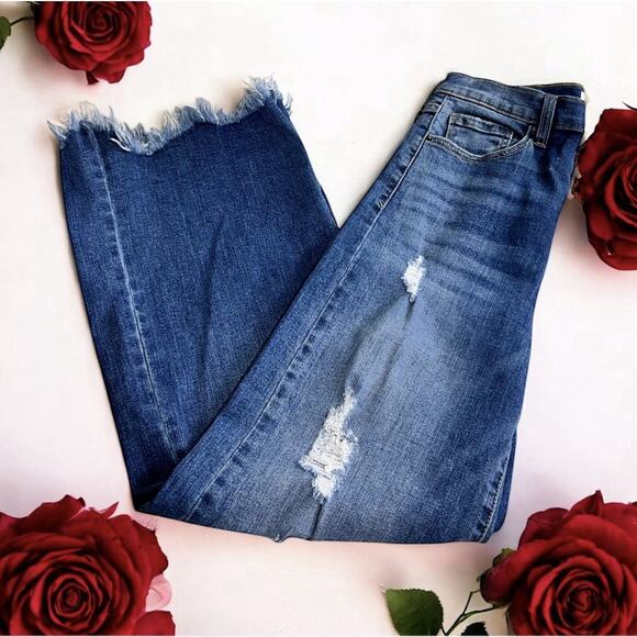 Sneak Peek Distressed Wide Leg Jeans Sz 7 28 Waist Frayed Hem High-Waist Stretch - Picture 2 of 8